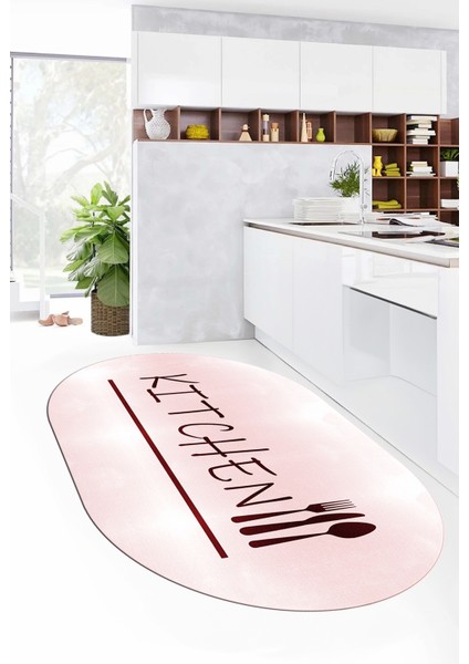 Kitchen Yazılı Kaşık Çatal Bıçak Desenli Yıkanabilir Oval Mutfak Halısı, O-Mutfak-49-Pembe,