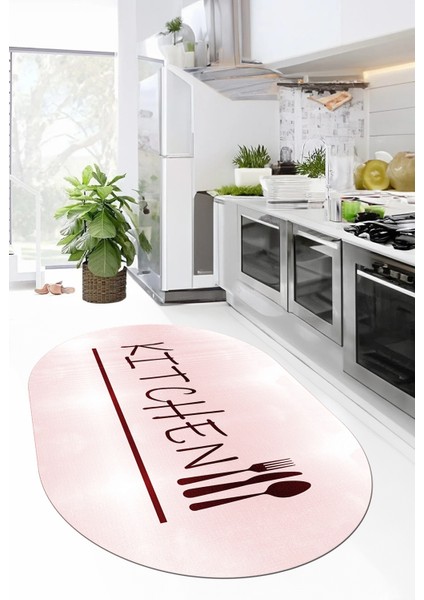 Kitchen Yazılı Kaşık Çatal Bıçak Desenli Yıkanabilir Oval Mutfak Halısı, O-Mutfak-49-Pembe,