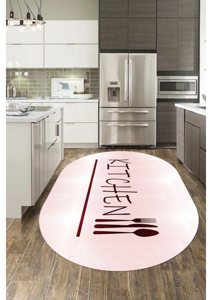 Kitchen Yazılı Kaşık Çatal Bıçak Desenli Yıkanabilir Oval Mutfak Halısı, O-Mutfak-49-Pembe,