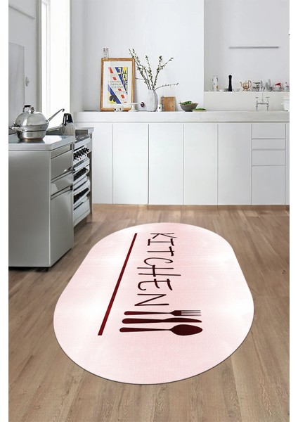 Kitchen Yazılı Kaşık Çatal Bıçak Desenli Yıkanabilir Oval Mutfak Halısı, O-Mutfak-49-Pembe,