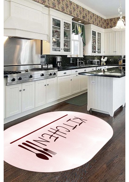 Kitchen Yazılı Kaşık Çatal Bıçak Desenli Yıkanabilir Oval Mutfak Halısı, O-Mutfak-49-Pembe,