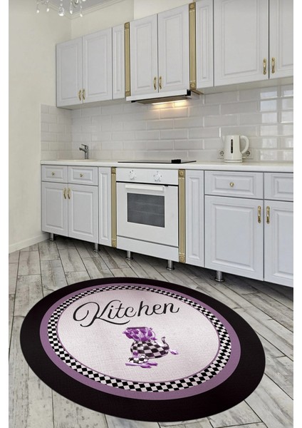 Dijital Kaymaz Taban Yıkanabilir Kitchen Yazılı Yuvarlak Mutfak Halısı, Y-Mutfak-48-Mor,