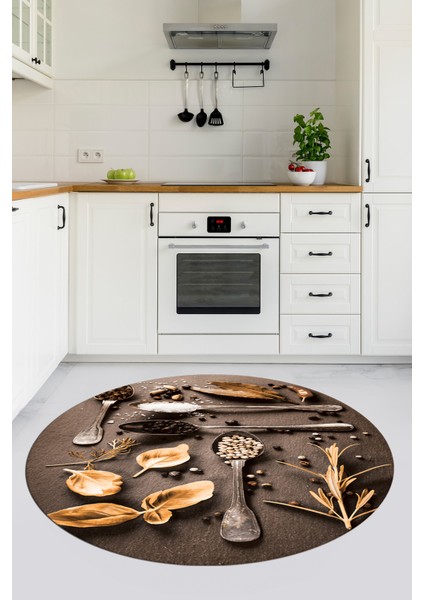 3D Dijital Baskılı Kaymaz Taban Baharat Temalı Yuvarlak Mutfak Halısı, Y-Mutfak-27-Kahve,