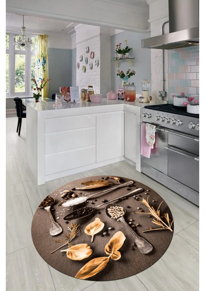 3D Dijital Baskılı Kaymaz Taban Baharat Temalı Yuvarlak Mutfak Halısı, Y-Mutfak-27-Kahve, modelleri