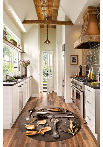 3D Dijital Baskılı Kaymaz Taban Baharat Temalı Yuvarlak Mutfak Halısı, Y-Mutfak-27-Kahve, indirimleri