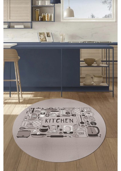 Dijital Baskılı Kaymaz Taban Yıkanabilir Modern Yuvarlak Mutfak Halısı, Y-Mutfak-17-Vizon,