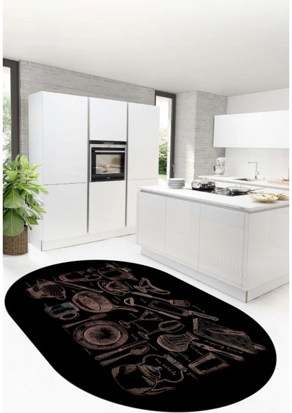 Tencere Fincan Bıçak Tabak Bardak Desenli Yıkanabilir Oval Mutfak Halısı, O-Mutfak-35-Siyah,