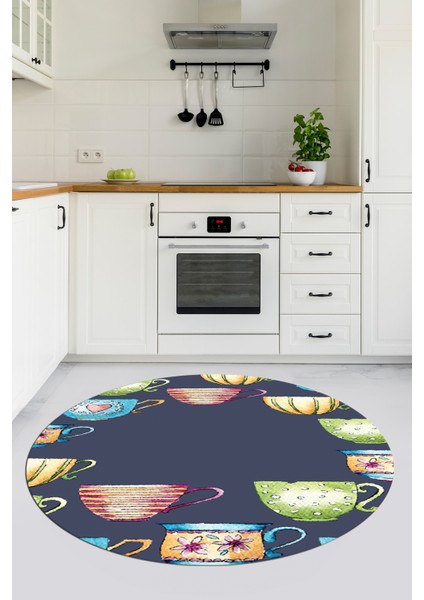 Dijital Baskılı Kaymaz Taban Renkli Fincanlar Yuvarlak Mutfak Halısı, Y-Mutfak-26-Renkli,