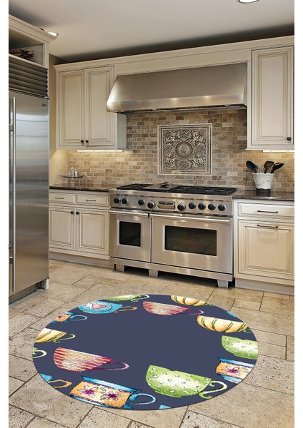 Dijital Baskılı Kaymaz Taban Renkli Fincanlar Yuvarlak Mutfak Halısı, Y-Mutfak-26-Renkli, fiyatları