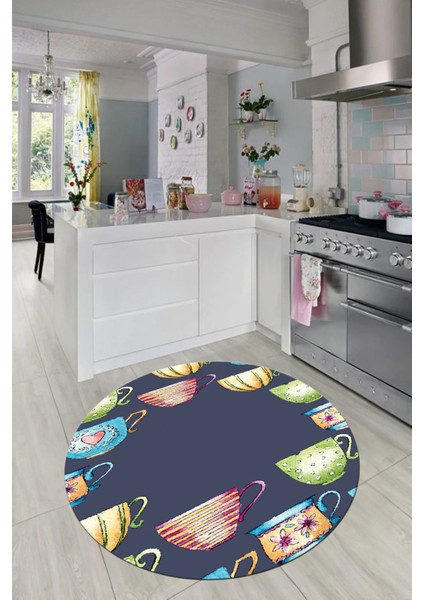 Dijital Baskılı Kaymaz Taban Renkli Fincanlar Yuvarlak Mutfak Halısı, Y-Mutfak-26-Renkli, modelleri