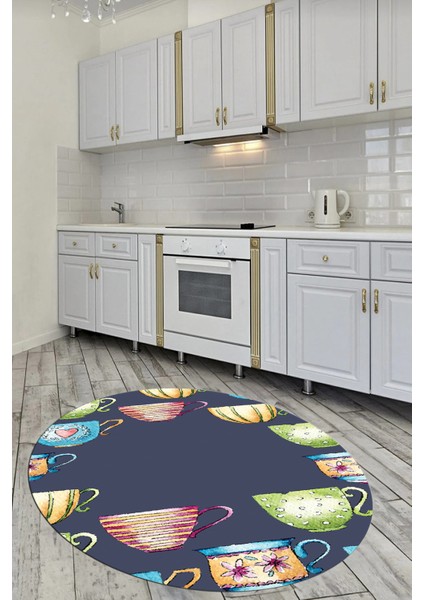 Dijital Baskılı Kaymaz Taban Renkli Fincanlar Yuvarlak Mutfak Halısı, Y-Mutfak-26-Renkli, fırsatları