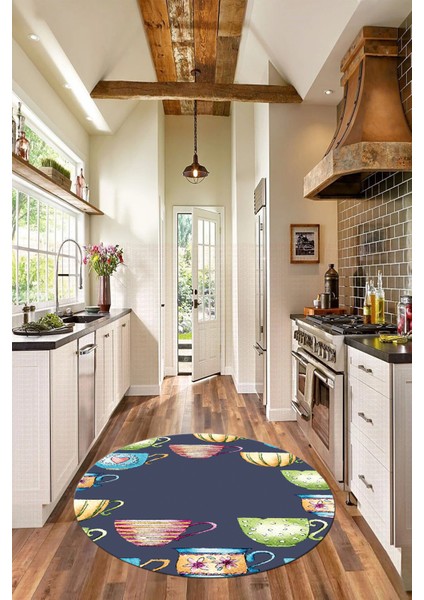 Dijital Baskılı Kaymaz Taban Renkli Fincanlar Yuvarlak Mutfak Halısı, Y-Mutfak-26-Renkli, indirimleri