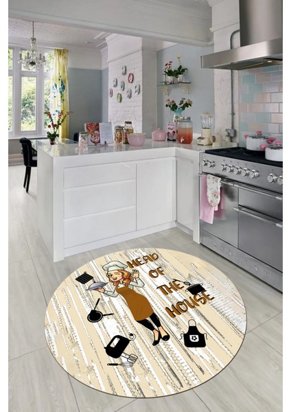 Dijital Baskılı Kaymaz Taban Yıkanabilir Renkli Desenli Yuvarlak Mutfak Halısı, Y-Mutfak-39-Kahve,