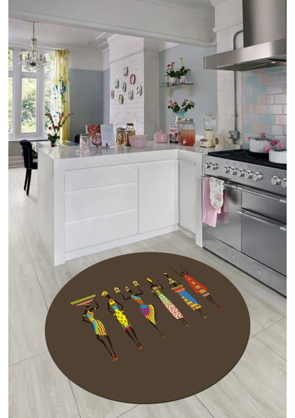 Etnik Motifli Modern Kaymaz Taban Yıkanabilir Yuvarlak Mutfak Halısı, Y-Mutfak-40-Vizon,