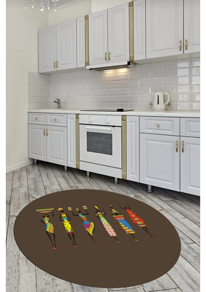 Etnik Motifli Modern Kaymaz Taban Yıkanabilir Yuvarlak Mutfak Halısı, Y-Mutfak-40-Vizon,