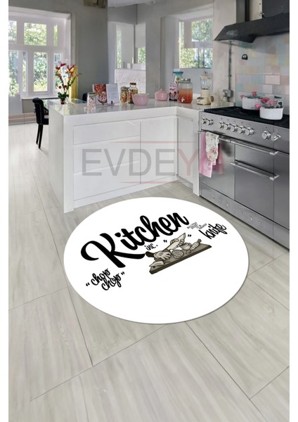 Kitchen Yazılı Modern Kaymaz Taban Yıkanabilir Yuvarlak Mutfak Halısı, Y-Mutfak-41-Beyaz,