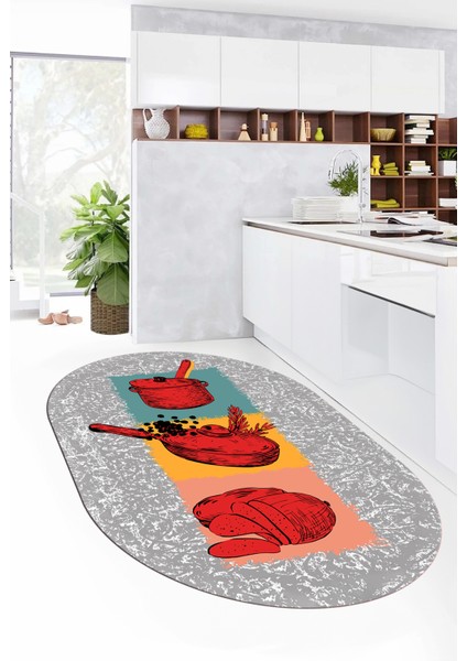 Tencere Ekmek Desenli Kaymaz Taban Yıkanabilir Oval Mutfak Halısı, O-Mutfak-45-Kırmızı,