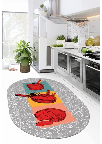 Tencere Ekmek Desenli Kaymaz Taban Yıkanabilir Oval Mutfak Halısı, O-Mutfak-45-Kırmızı, fiyatları