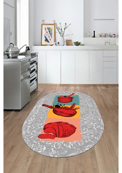 Tencere Ekmek Desenli Kaymaz Taban Yıkanabilir Oval Mutfak Halısı, O-Mutfak-45-Kırmızı, fırsatları