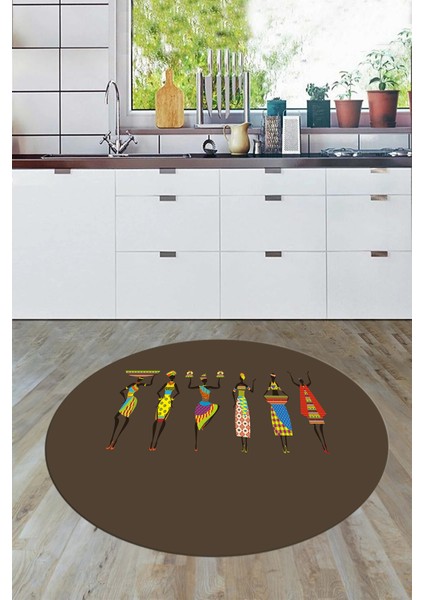 Etnik Motifli Modern Kaymaz Taban Yıkanabilir Yuvarlak Mutfak Halısı, Y-Mutfak-40-Vizon,