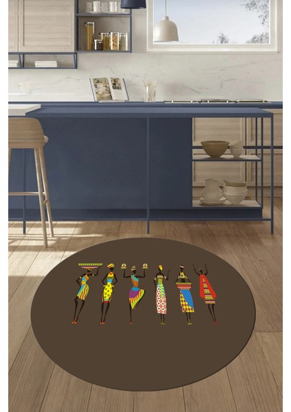 Etnik Motifli Modern Kaymaz Taban Yıkanabilir Yuvarlak Mutfak Halısı, Y-Mutfak-40-Vizon,