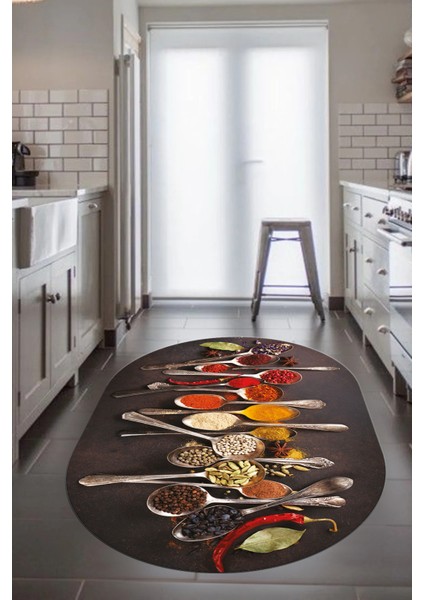 Baharat Temalı Kaymaz Taban Yıkanabilir Modern Oval Mutfak Halısı, O-Mutfak-33-Renkli,
