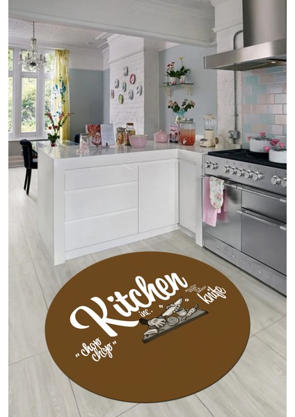 Kitchen Yazılı Modern Kaymaz Taban Yıkanabilir Yuvarlak Mutfak Halısı, Y-Mutfak-41-Kahve-Beyaz,