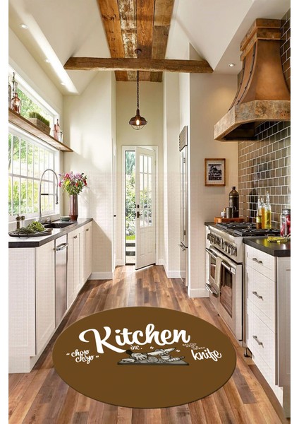 Kitchen Yazılı Modern Kaymaz Taban Yıkanabilir Yuvarlak Mutfak Halısı, Y-Mutfak-41-Kahve-Beyaz, modelleri