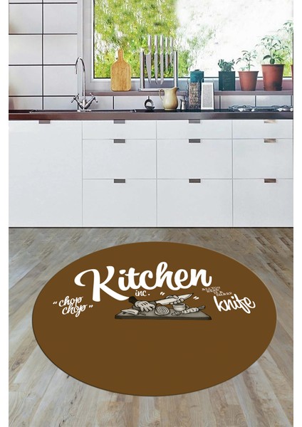 Kitchen Yazılı Modern Kaymaz Taban Yıkanabilir Yuvarlak Mutfak Halısı, Y-Mutfak-41-Kahve-Beyaz, fırsatları