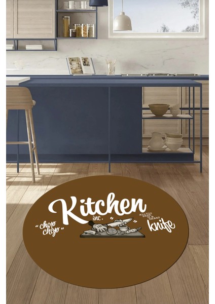 Kitchen Yazılı Modern Kaymaz Taban Yıkanabilir Yuvarlak Mutfak Halısı, Y-Mutfak-41-Kahve-Beyaz, indirimleri