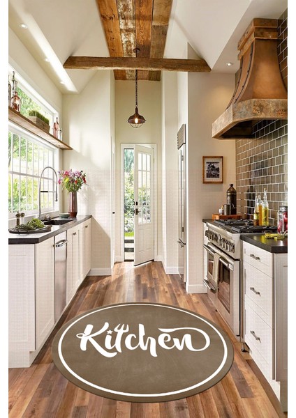 Kitchen Yazılı Çerçeveli Kaymaz Taban Yıkanabilir Yuvarlak Mutfak Halısı, Y-Mutfak-42-Kahve, modelleri