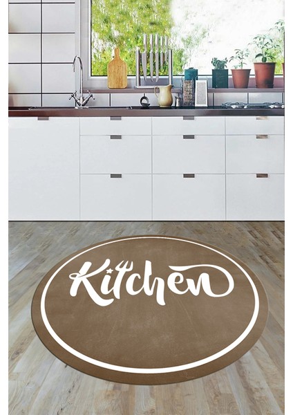 Kitchen Yazılı Çerçeveli Kaymaz Taban Yıkanabilir Yuvarlak Mutfak Halısı, Y-Mutfak-42-Kahve, fırsatları