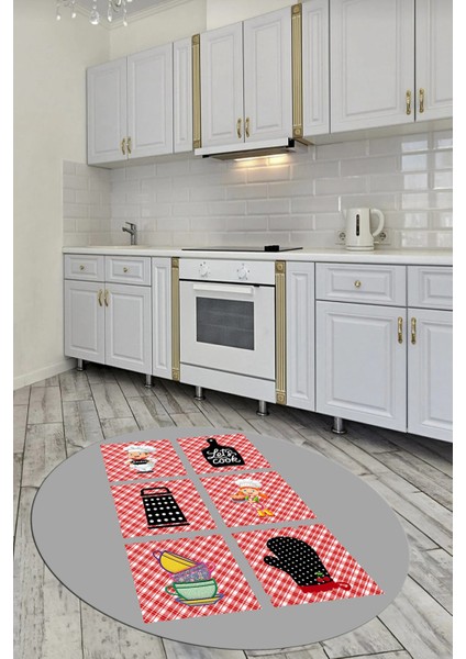 Dijital Kaymaz Taban Yıkanabilir Renkli Modern Şık Yuvarlak Mutfak Halısı, Y-Mutfak-43-Gri,