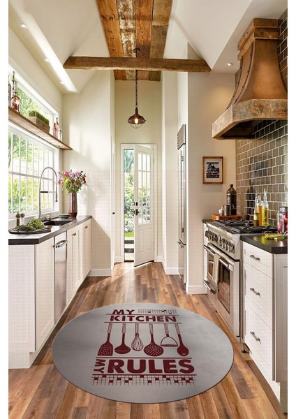 Kitchen Rules Yazılı Kaşık Desen Yıkanabilir Yuvarlak Mutfak Halısı, Y-Mutfak-47-Bordo,