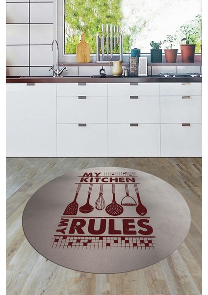 Kitchen Rules Yazılı Kaşık Desen Yıkanabilir Yuvarlak Mutfak Halısı, Y-Mutfak-47-Bordo,