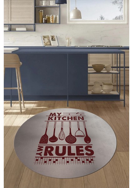 Kitchen Rules Yazılı Kaşık Desen Yıkanabilir Yuvarlak Mutfak Halısı, Y-Mutfak-47-Bordo,