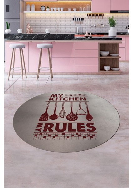 Kitchen Rules Yazılı Kaşık Desen Yıkanabilir Yuvarlak Mutfak Halısı, Y-Mutfak-47-Bordo,