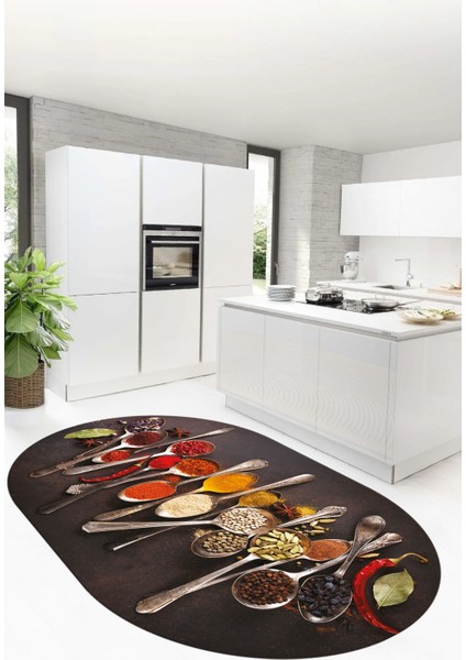 Baharat Temalı Kaymaz Taban Yıkanabilir Modern Oval Mutfak Halısı, O-Mutfak-33-Renkli, fiyatları