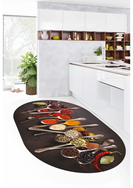 Baharat Temalı Kaymaz Taban Yıkanabilir Modern Oval Mutfak Halısı, O-Mutfak-33-Renkli, modelleri
