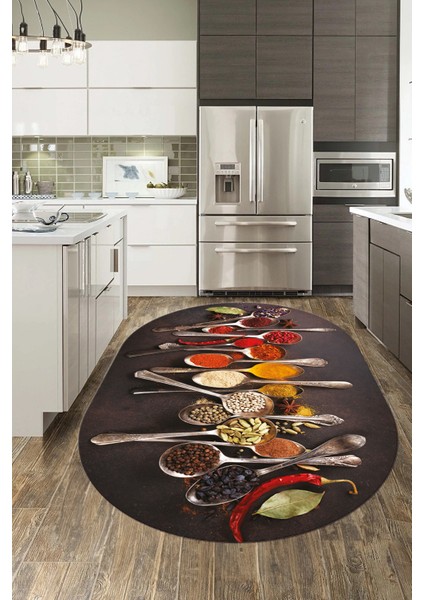 Baharat Temalı Kaymaz Taban Yıkanabilir Modern Oval Mutfak Halısı, O-Mutfak-33-Renkli, indirimleri
