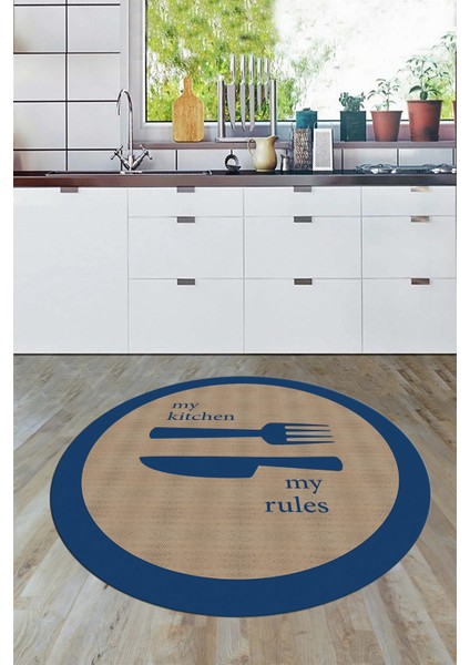 Jüt Görünümlü Çatal Bıçak Desenli Yıkanabilir Yuvarlak Mutfak Halısı, Y-Mutfak-09-Mavi,