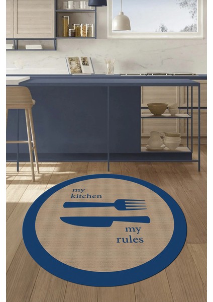 Jüt Görünümlü Çatal Bıçak Desenli Yıkanabilir Yuvarlak Mutfak Halısı, Y-Mutfak-09-Mavi, fiyatları