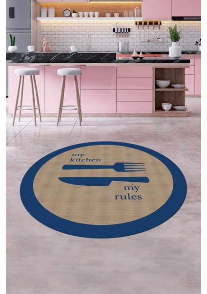 Jüt Görünümlü Çatal Bıçak Desenli Yıkanabilir Yuvarlak Mutfak Halısı, Y-Mutfak-09-Mavi, modelleri