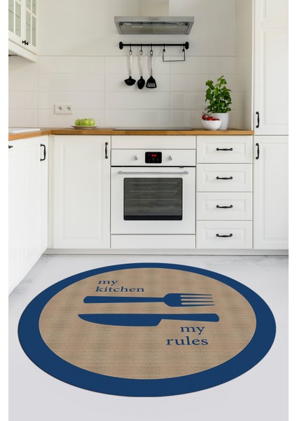 Jüt Görünümlü Çatal Bıçak Desenli Yıkanabilir Yuvarlak Mutfak Halısı, Y-Mutfak-09-Mavi, fırsatları