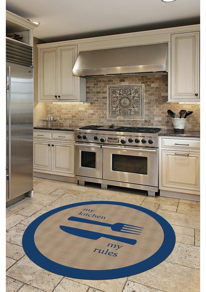 Jüt Görünümlü Çatal Bıçak Desenli Yıkanabilir Yuvarlak Mutfak Halısı, Y-Mutfak-09-Mavi, indirimleri