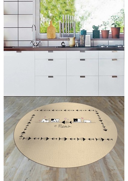 Sevimli Hayvanlar Desenli Kaymaz Taban Yıkanabilir Yuvarlak Mutfak Halısı, Y-Mutfak-10-Krem,