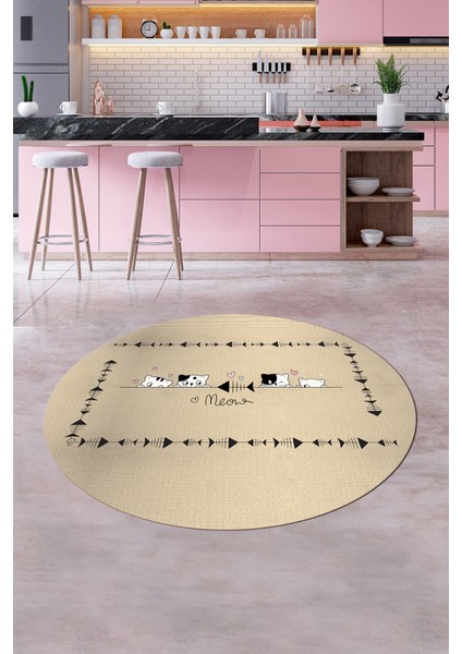 Sevimli Hayvanlar Desenli Kaymaz Taban Yıkanabilir Yuvarlak Mutfak Halısı, Y-Mutfak-10-Krem, modelleri