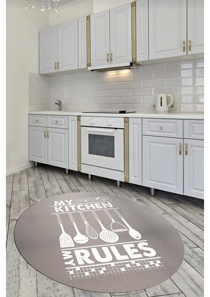 Kitchen Rules Yazılı Kaşık Desen Yıkanabilir Yuvarlak Mutfak Halısı, Y-Mutfak-47-Beyaz,