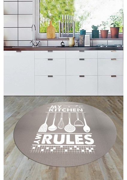Kitchen Rules Yazılı Kaşık Desen Yıkanabilir Yuvarlak Mutfak Halısı, Y-Mutfak-47-Beyaz, modelleri