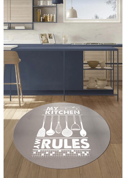 Kitchen Rules Yazılı Kaşık Desen Yıkanabilir Yuvarlak Mutfak Halısı, Y-Mutfak-47-Beyaz, fırsatları